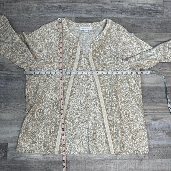 J Jill Pure Jill beige paisley floral 3/4 sleeve top button detail size large Q8 - Picture 2 of 6